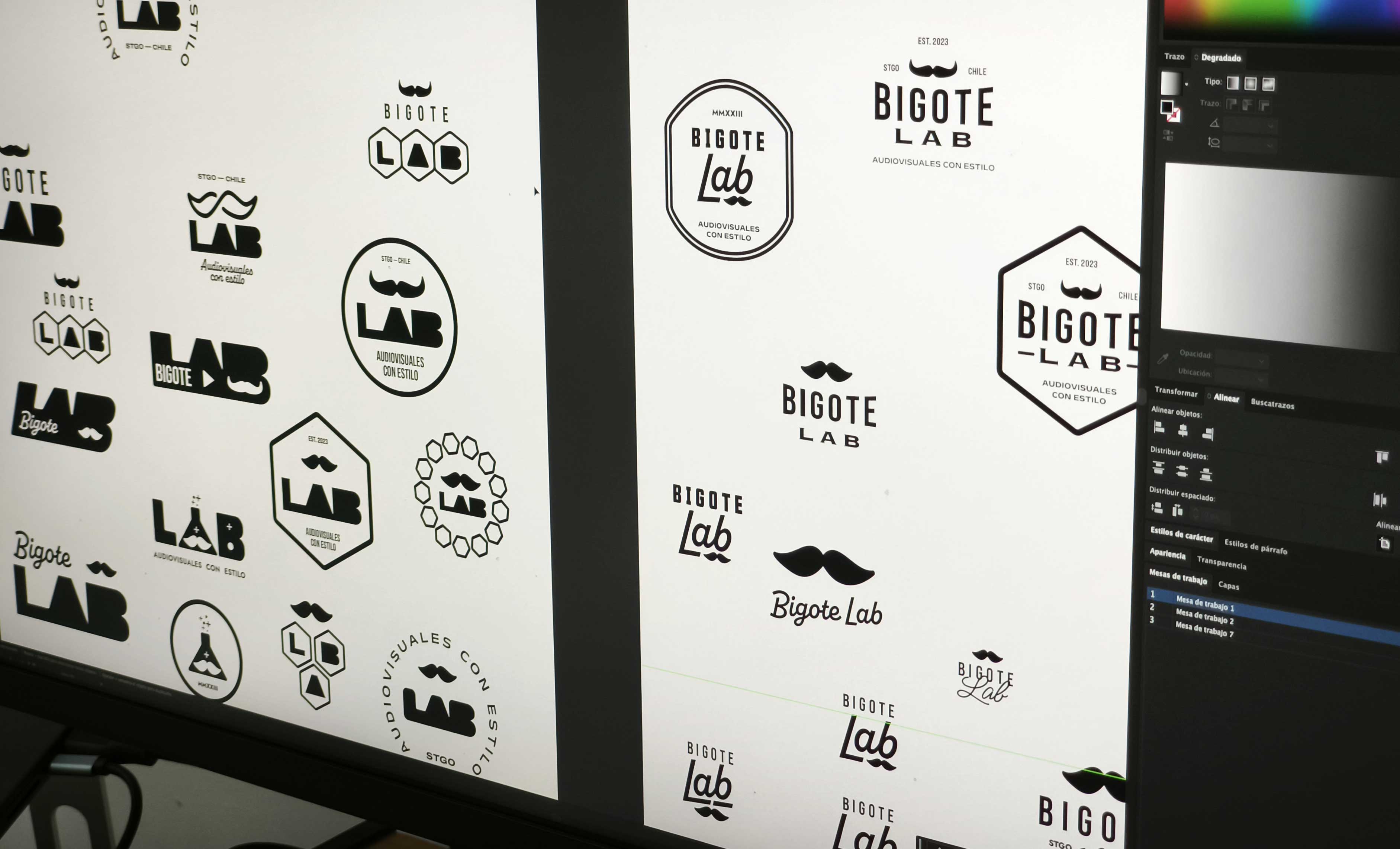 Pantalla de Illustrator con variantes del logo de Bigote Lab en proceso de vectorización